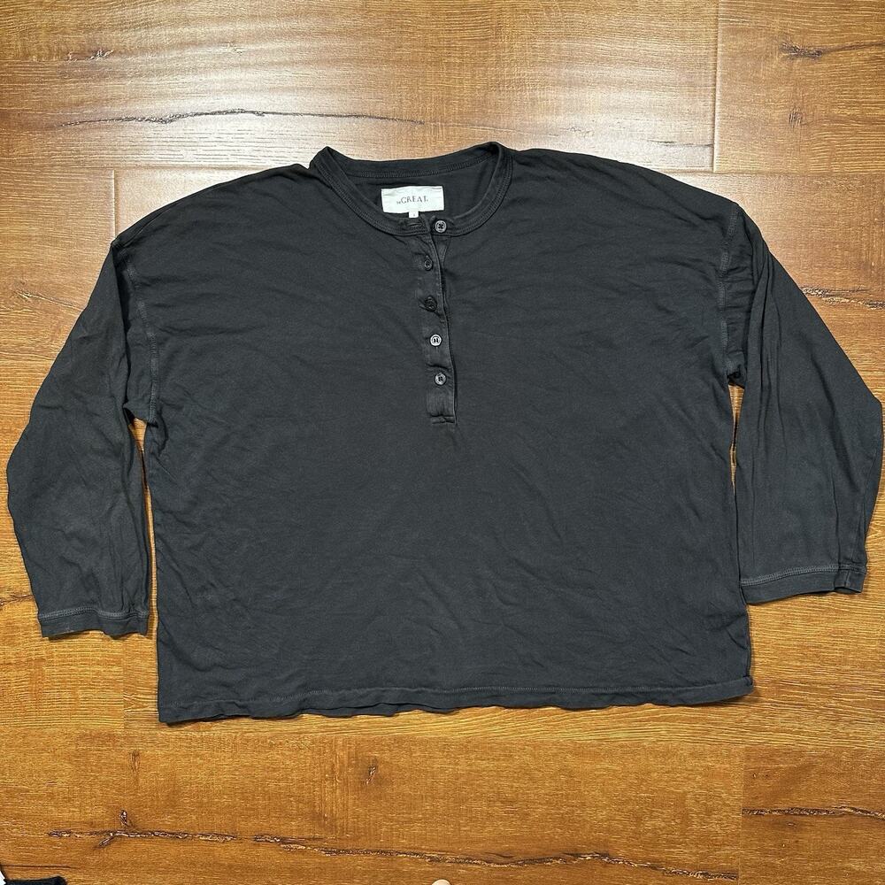 The Great Henley T Shirt Womens 2 M Black Oversized Relaxed Retro Boyfriend USA